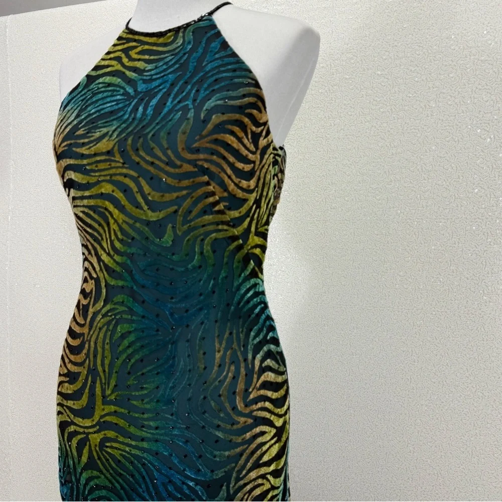 Icon by Kathryn Dianos Green Blue Burnout Velvet Abstract swirl Maxi Dress Party - Picture 11 of 17
